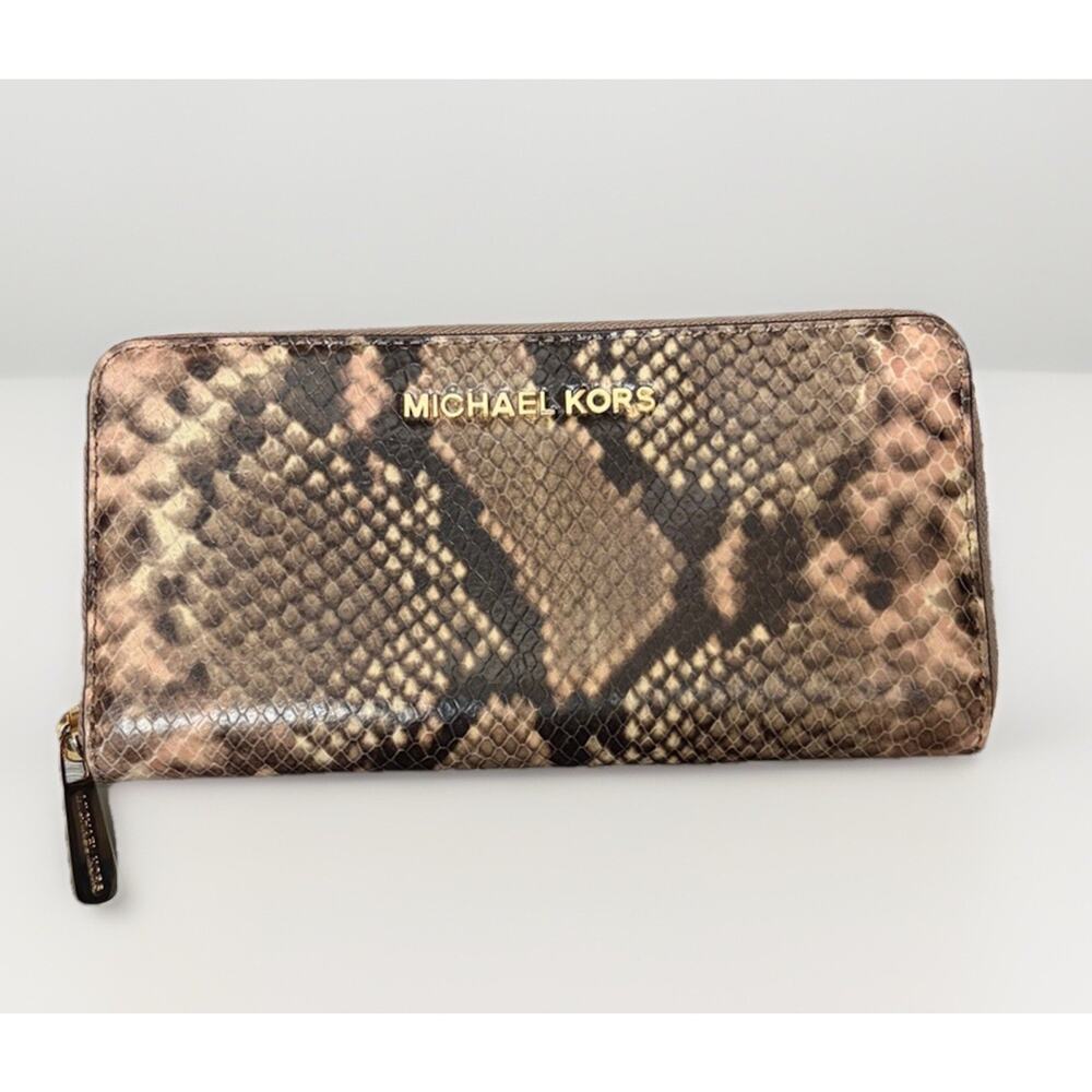 Michael Kors Snakeskin Print Jet Set Travel Continental Zip Around Wallet